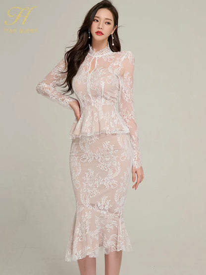 Spring Lace High Waist Mermaid Korean Skirts Suits