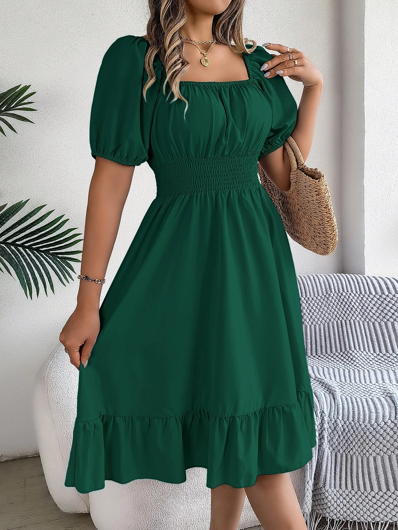 Puff Sleeve Square Neck Dress