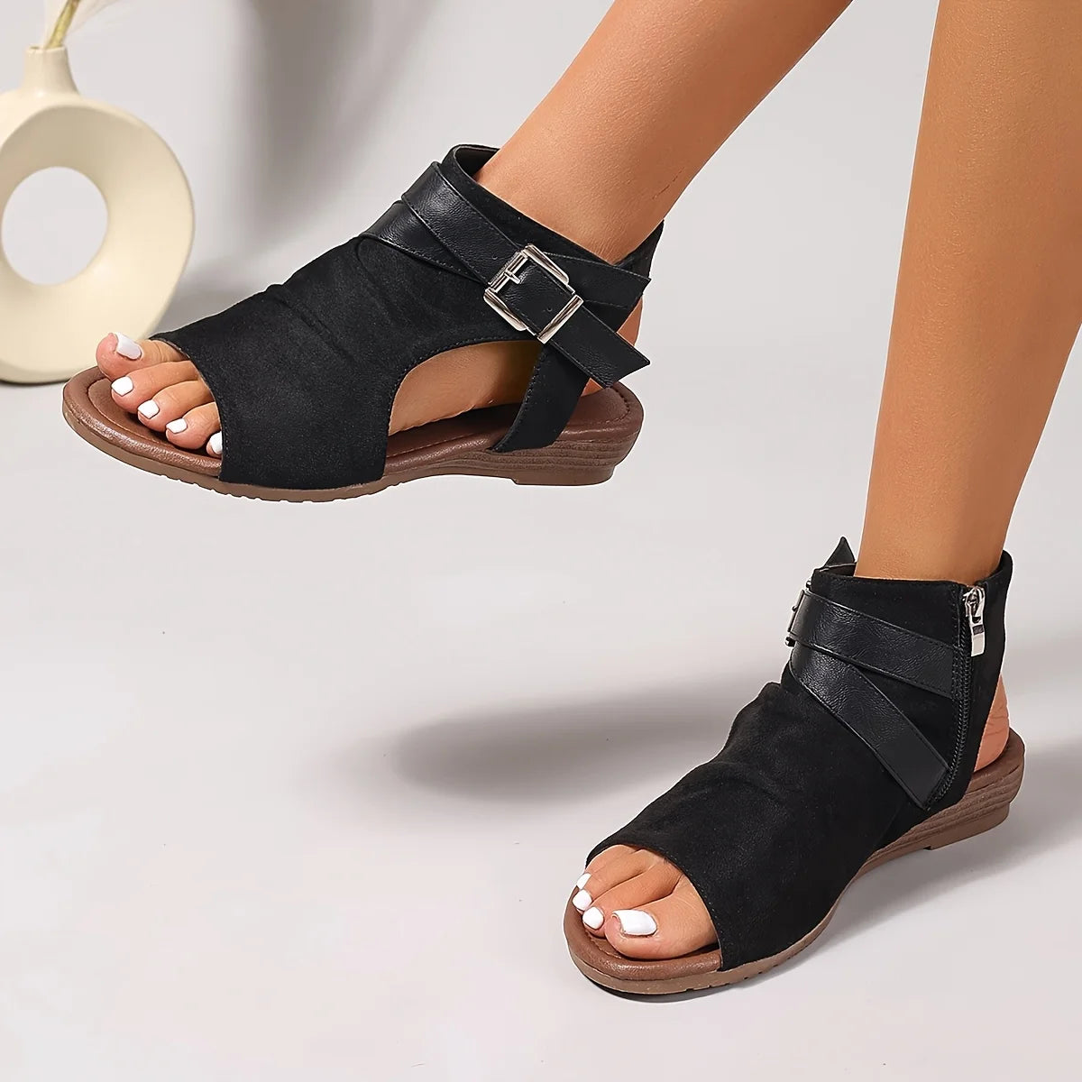 Black Pu Buckle Open Toe Cool Wedge Sandals