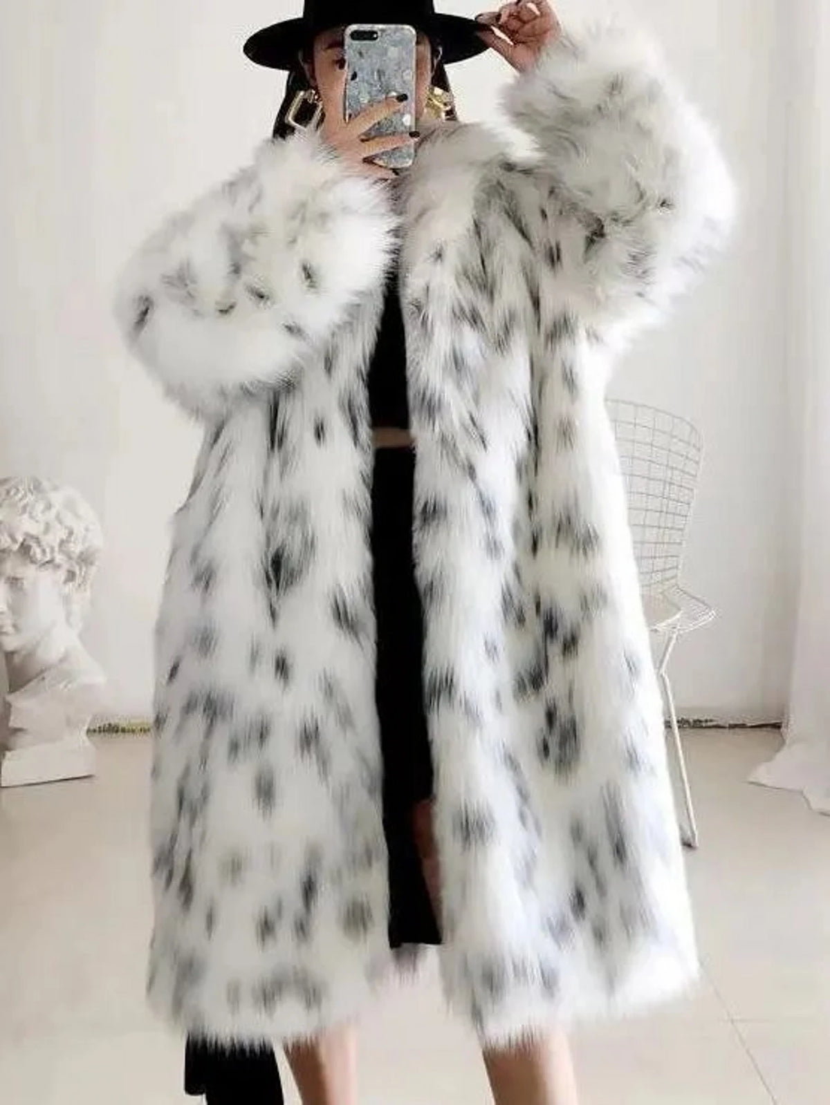 Faux Fur Long Warm White Leopard Print Long Sleeve Lapel Fox Fur Coat