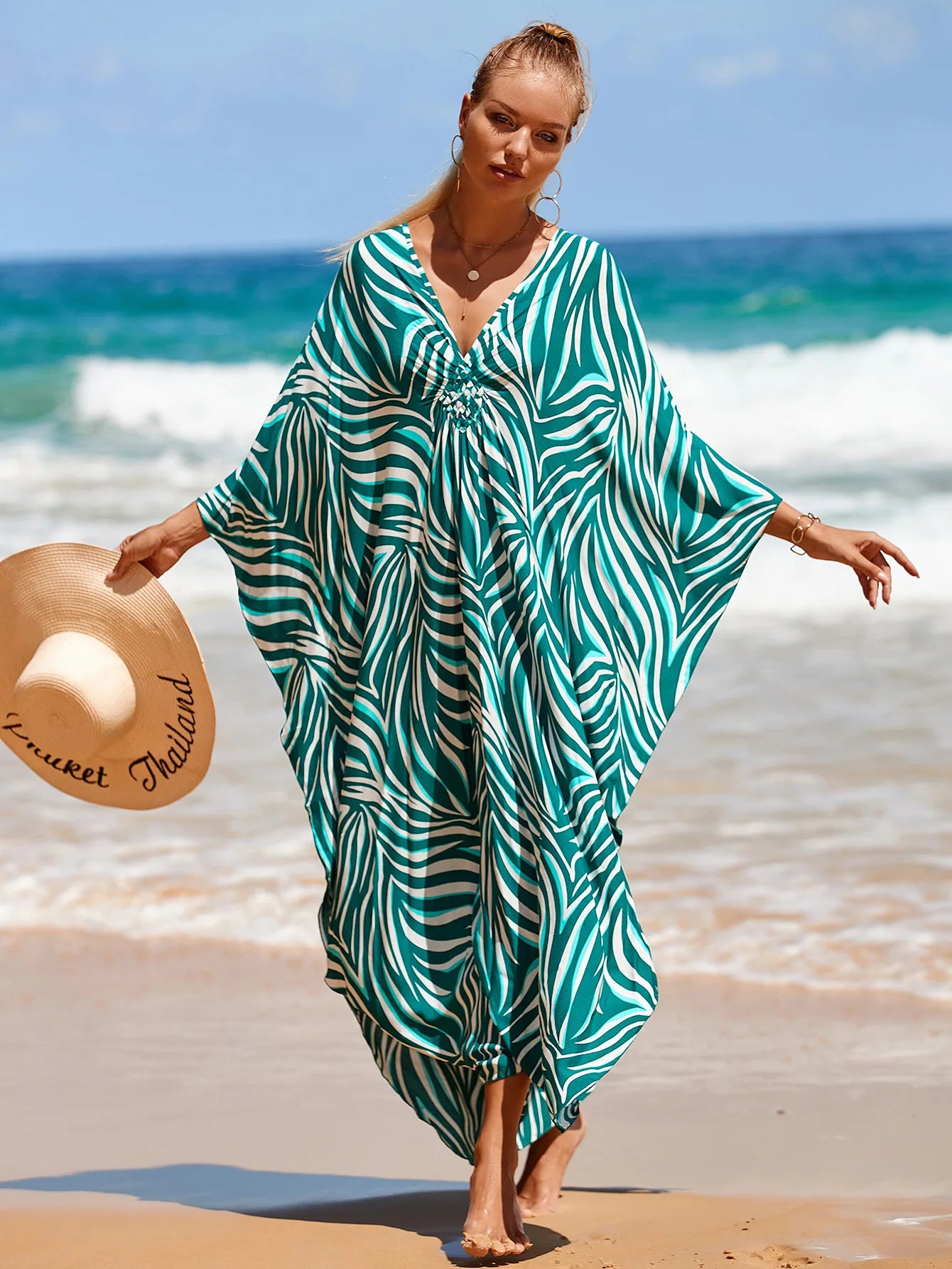 Plus Size Animal Print V-Neck Batwing Kaftan Beach Dress