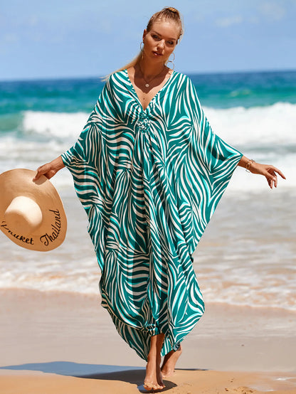 Plus Size Animal Print V-Neck Batwing Kaftan Beach Dress