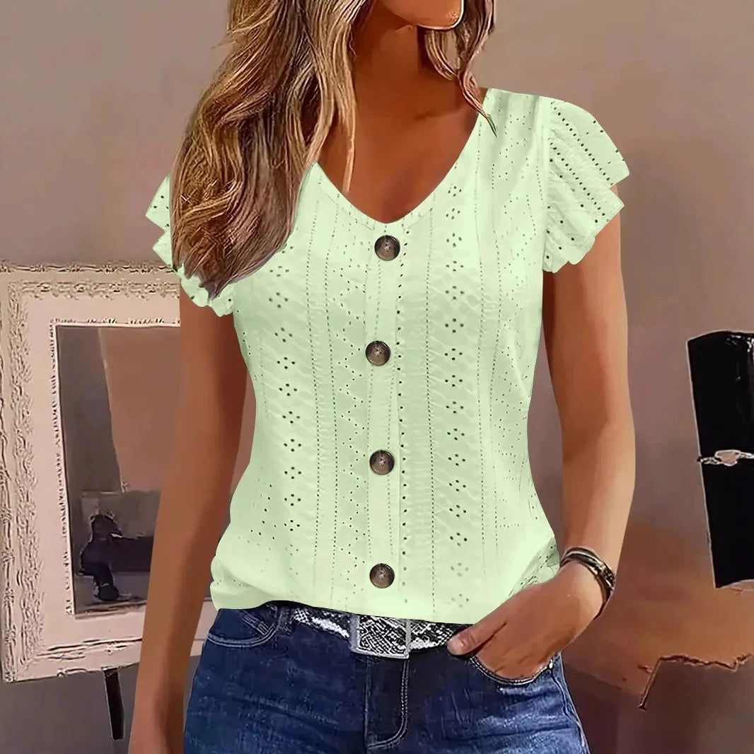 Casual solid ruffle sleeve V-neck T-shirt