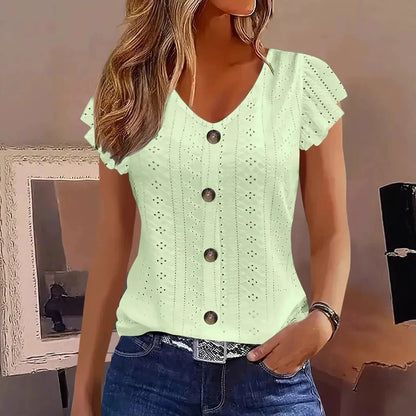 Casual solid ruffle sleeve V-neck T-shirt