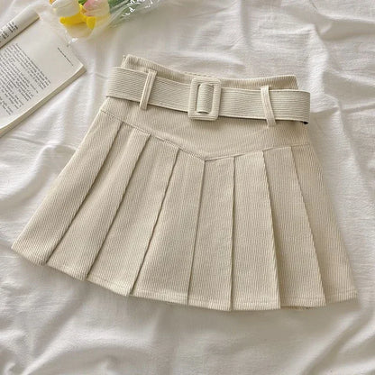 Cord Belted Pleated Texture Corduroy Box Pleat Mini Skirt