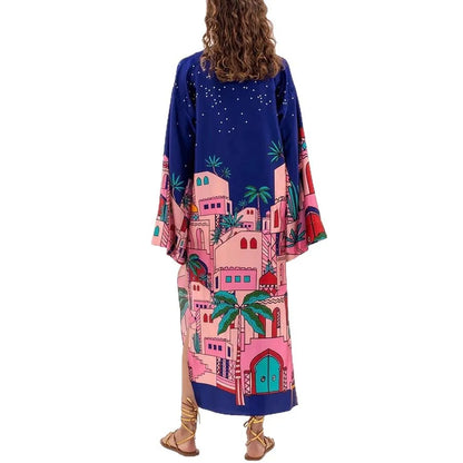 Vintage Satin Print Long Dress