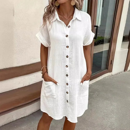 V-neck Button Cotton Linen Short Sleeved Dress
