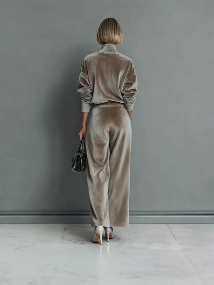 High Collar Gold Velvet Long Sleeve Casual Sports Wide Leg Set