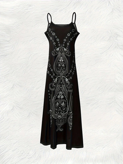 Vacation style Black And White Paisley round neck spaghetti strap dress