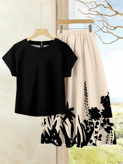 Plus Size Loose Black Simple Top Plant Printed Half Skirt Two-Piece Set