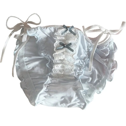 Double Bow Lace Ruffle Cute Underpants Low Waist Lace Up Ice Silk Breathable Panties