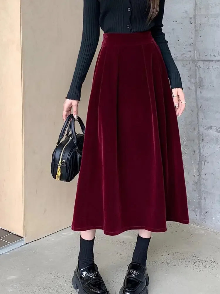 Elegant Velvet High Waist Casual Big Swing Skirts
