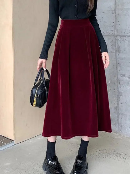 Elegant Velvet High Waist Casual Big Swing Skirts