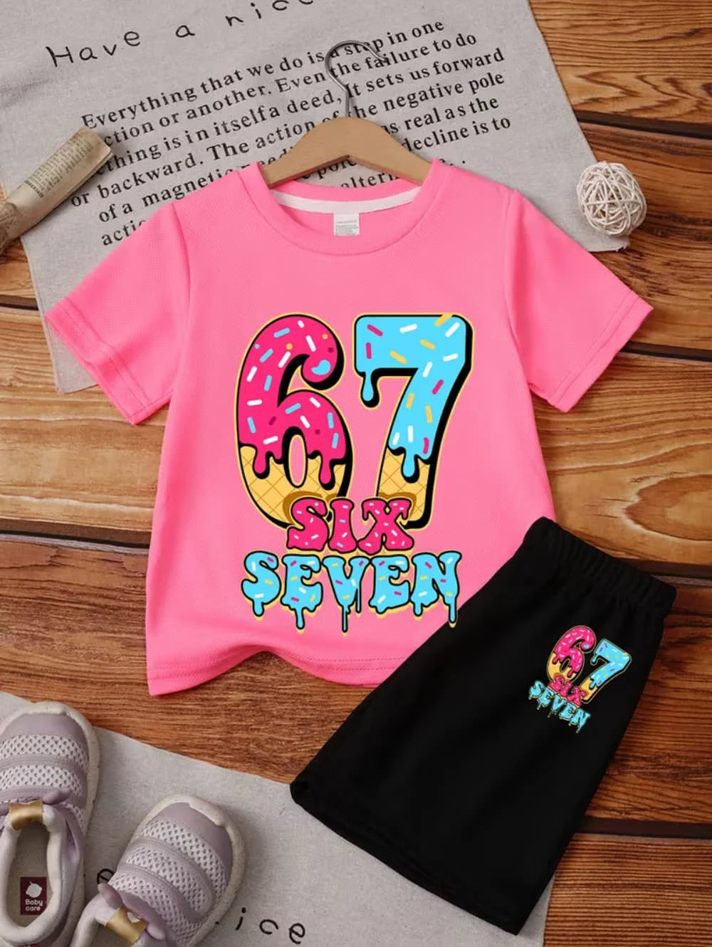 67 Six Seven Cute Bows Flowers Print Short Sleeve T-Shirt Set