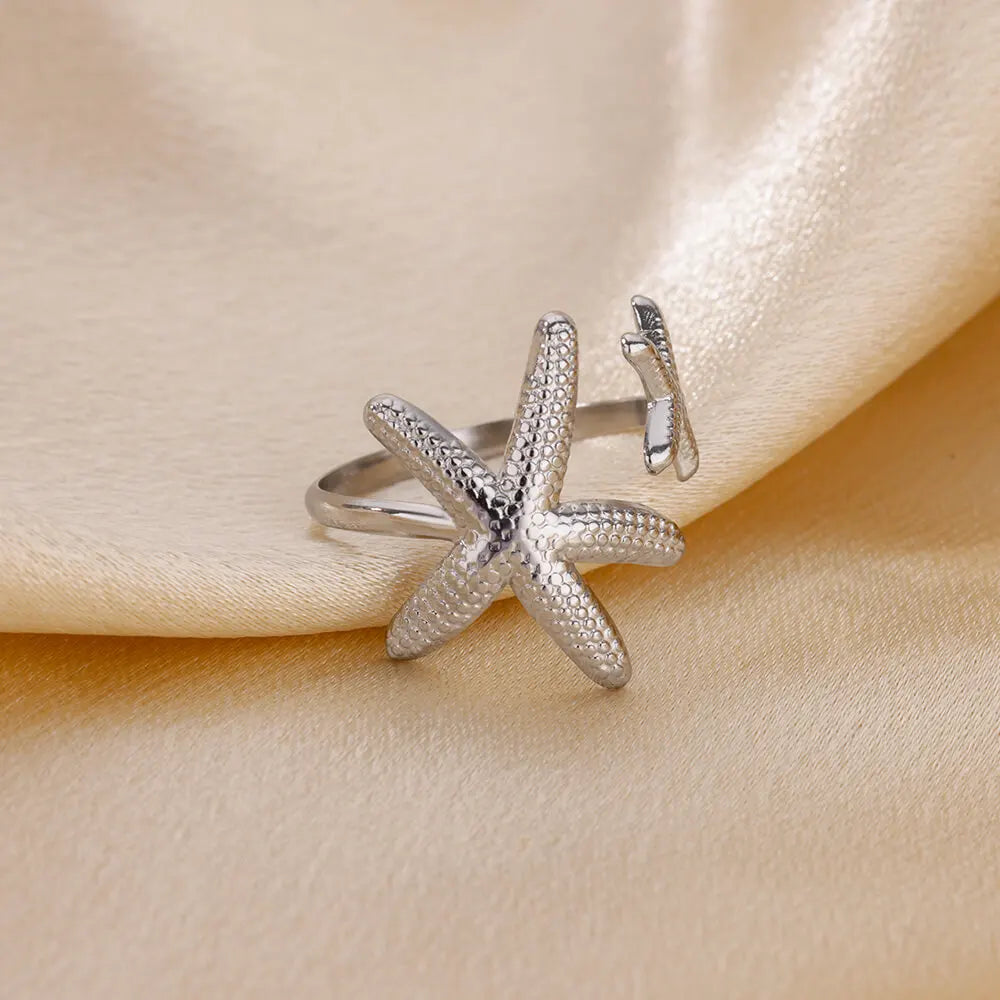 Stainless Steel Starfish Open Rings Gold Geometric Adjustable Ring
