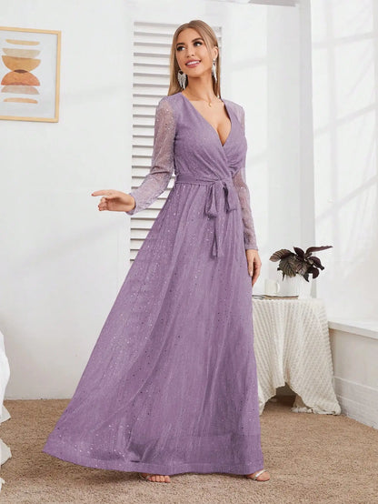 Mgiacy Wrap Belted Maxi Glitter Dress