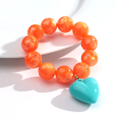 Boho Colorful Round Beads Heart Pendant Elastic Bracelets