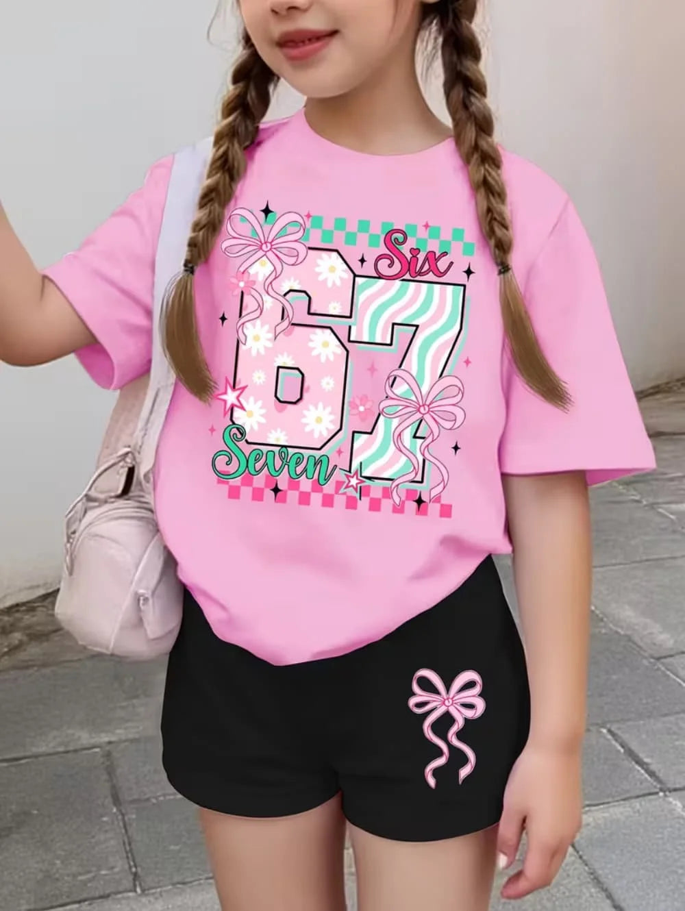 67 Six Seven Cute Bows Flowers Print Short Sleeve T-Shirt Set