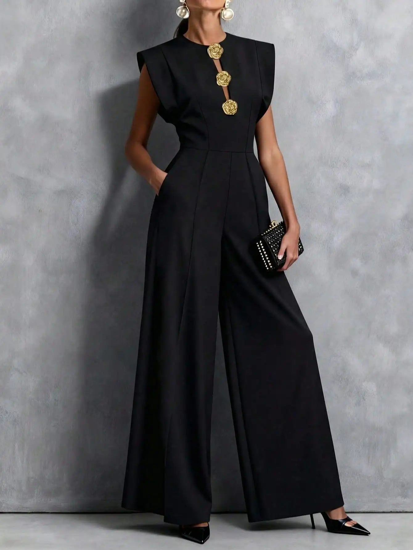 Jumpsuits & Rompers Black Sleeveless Wide Leg