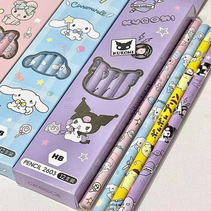 12Pcs/Box Sanrio Pencil Melody Kuromi Cinnamoroll HB Black Write Draw Pencils