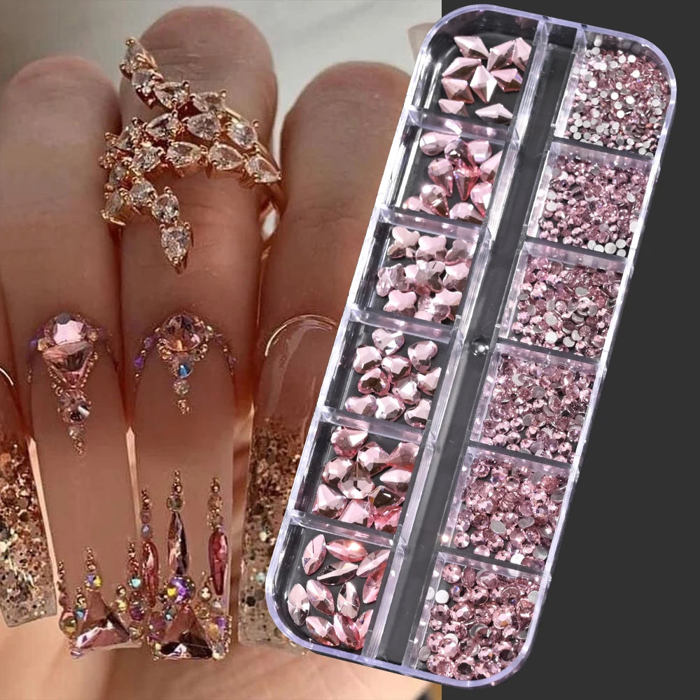 12Gird 3D Glass AB Crystal Nail Art Rhinestones Kit
