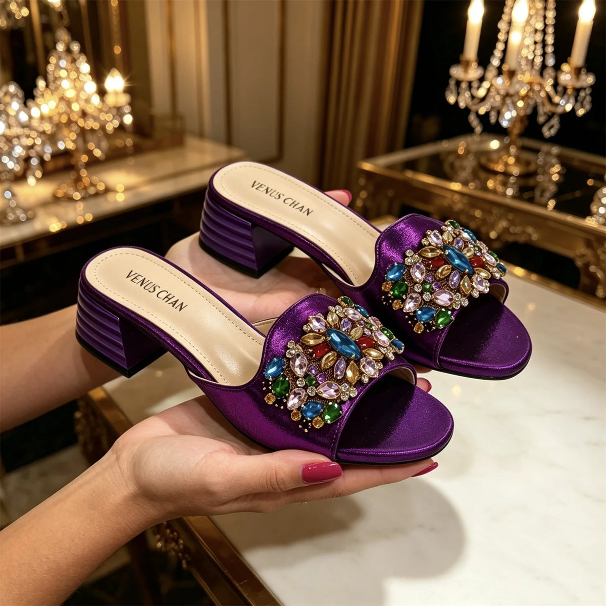 Luxury Multicolor Rhinestone Blue Heel Mules Black Satin Open Toe Slip
