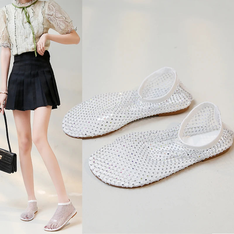 Mesh Luxurious Rhinestone Round Toe Sandal