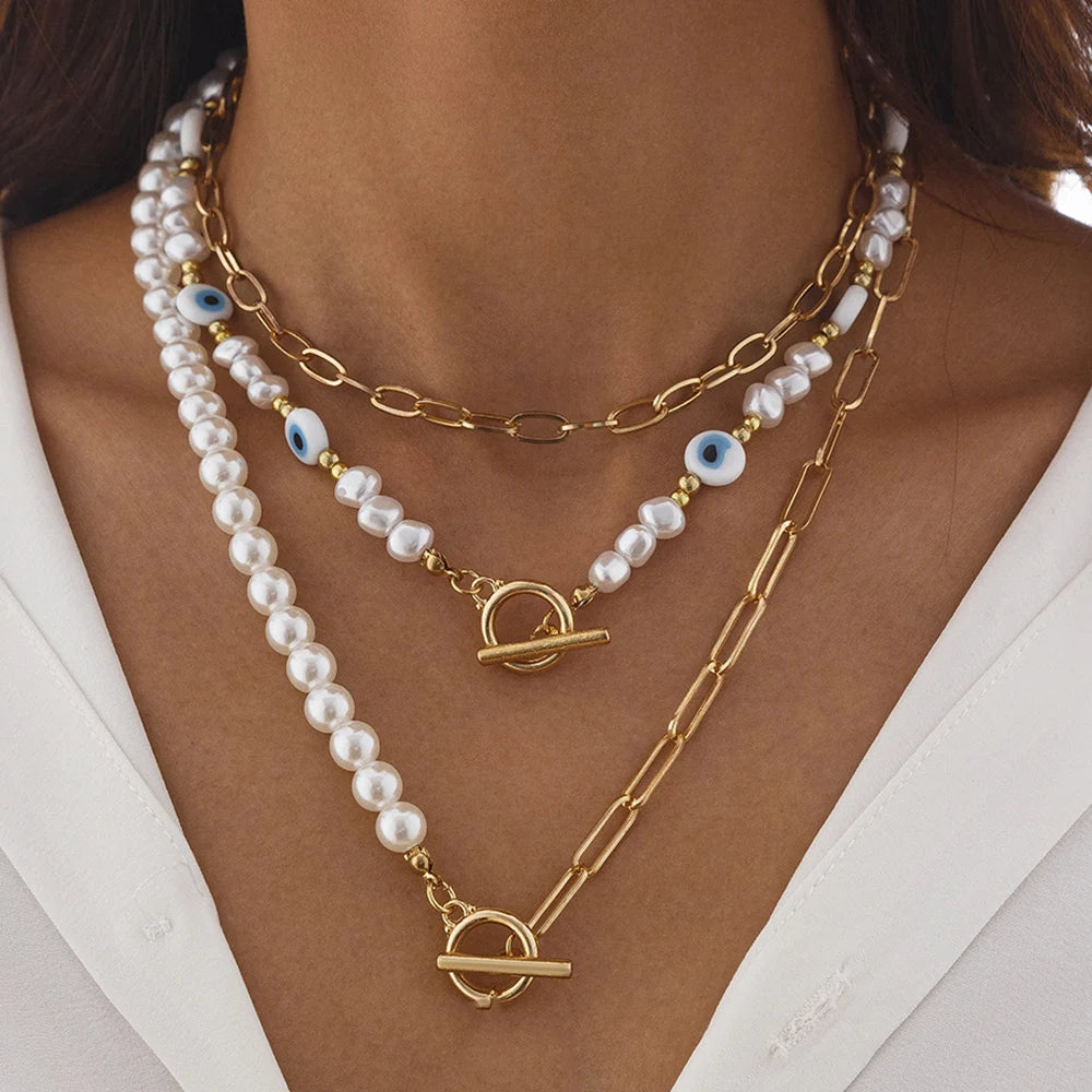 Elegant Irregular Pearl Multi-layer Pendant Choker Necklace