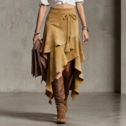 Retro Western Style Irregular Design Suede Skirt