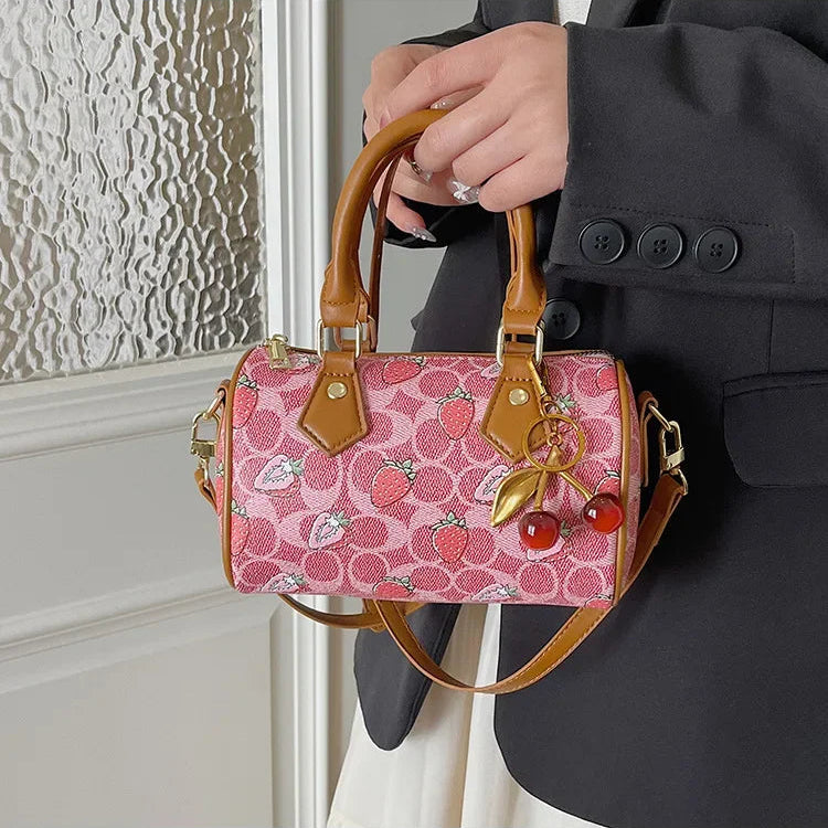 Crossbody Cherry Pattern PU Leather Boston Handbag Shoulder Bags