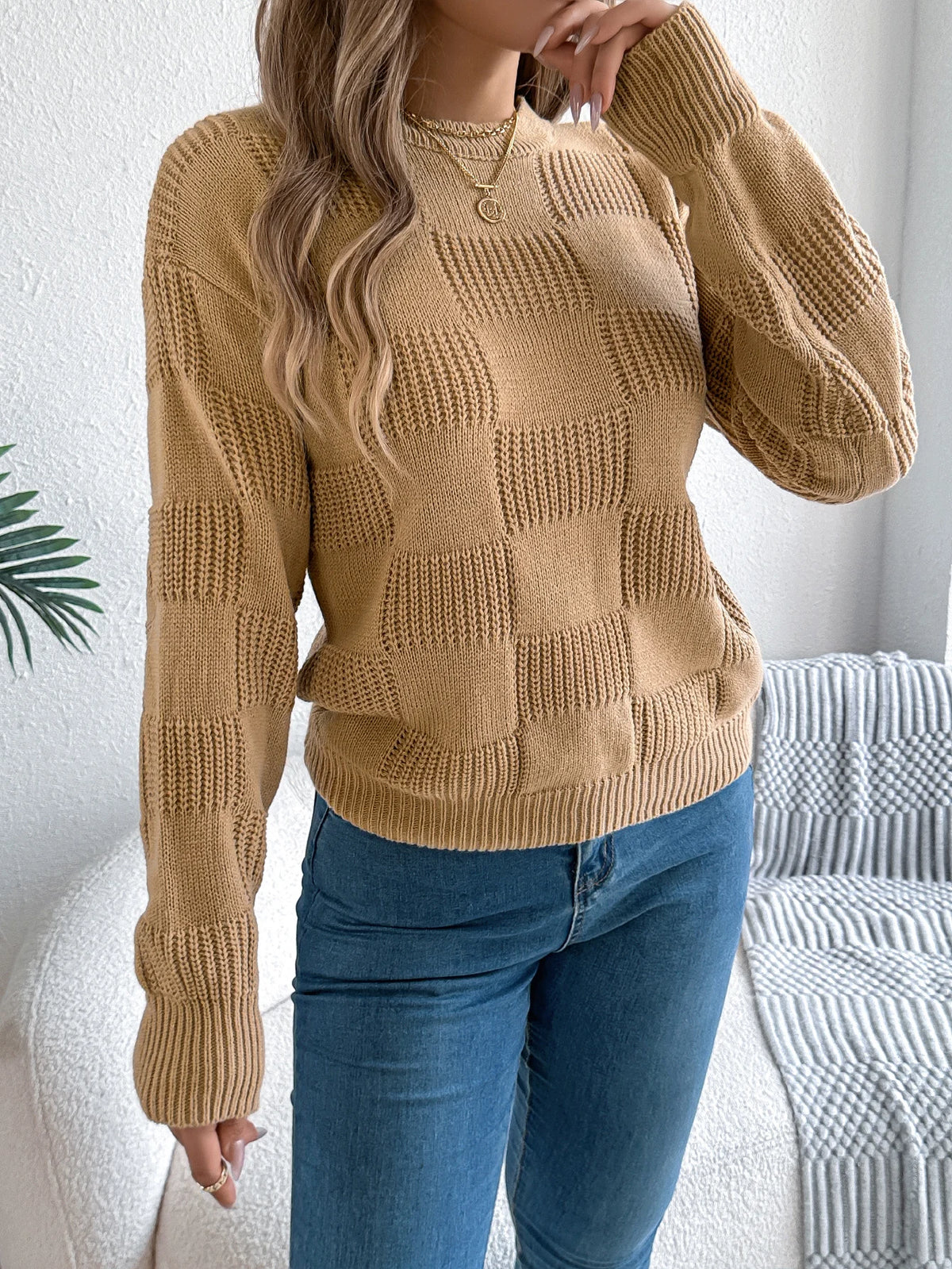 Solid Plaid Round Neck Long Sleeve Knit Cozy Sweaters