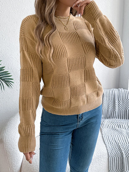 Solid Plaid Round Neck Long Sleeve Knit Cozy Sweaters