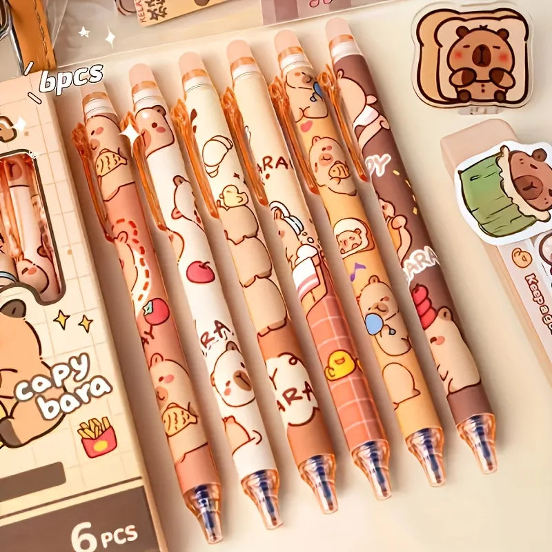 6pcs Cute Capybara Erasable Gel Pens | 0.5mm Blue Ink for School