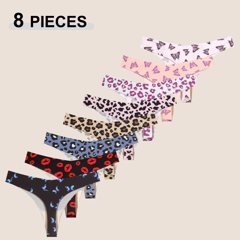 8Pcs/Set Traceless Ice Silk Low Waist Sexy Butterfly Leopard Print Lingerie
