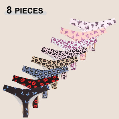 8Pcs/Set Traceless Ice Silk Low Waist Sexy Butterfly Leopard Print Lingerie