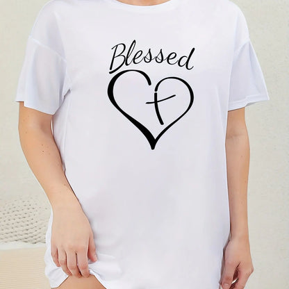 Plus Size Nightgown 3D Printed Heart Short Sleeve Long Tops Micro Stretch Dresses
