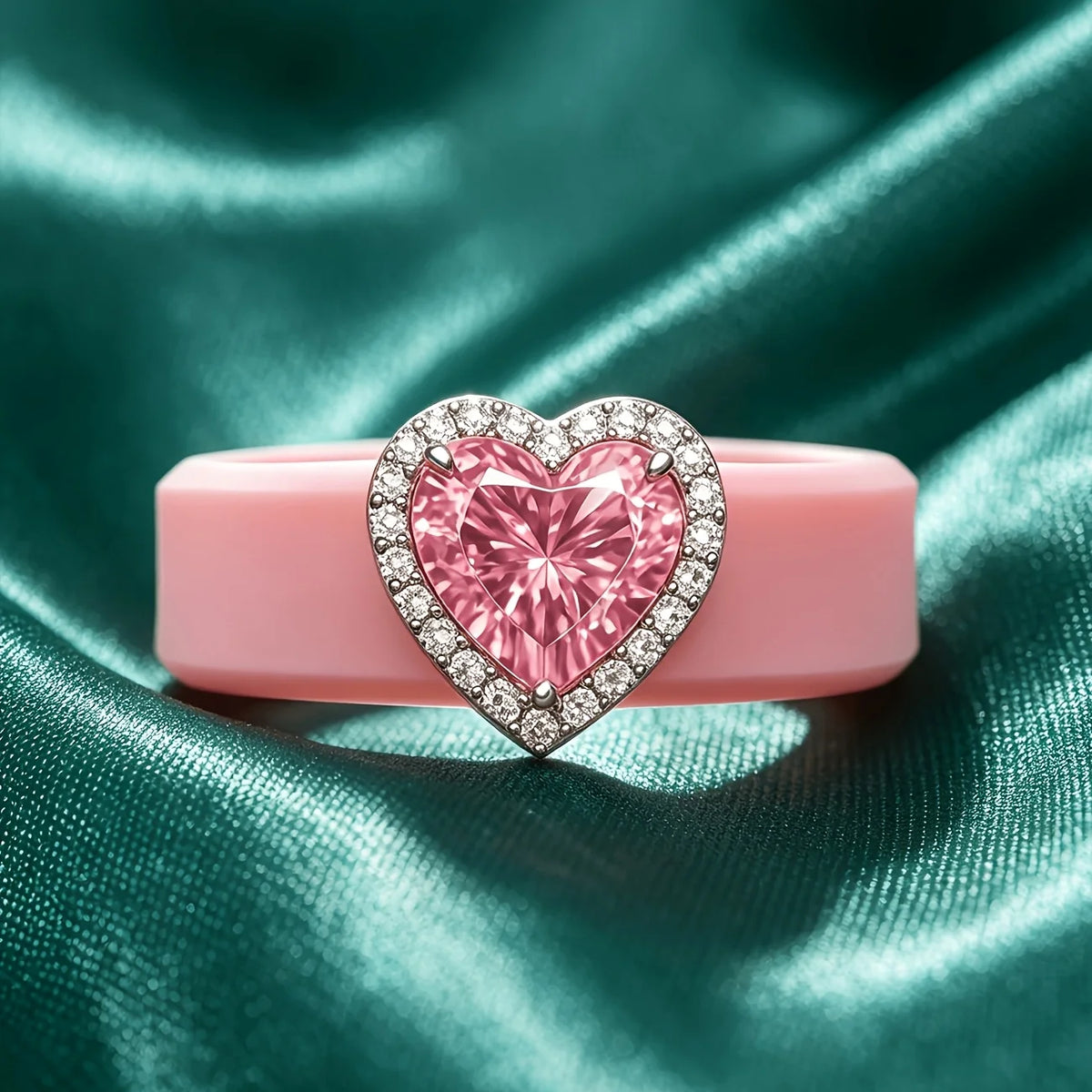Elegant Pink Silicone Sparkling Pink Heart CZ Lightweight Ring