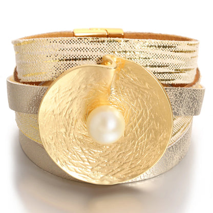 Wrinkled Textured Disc Leather Bohemian Pearl Wrap Chunky Bracelets