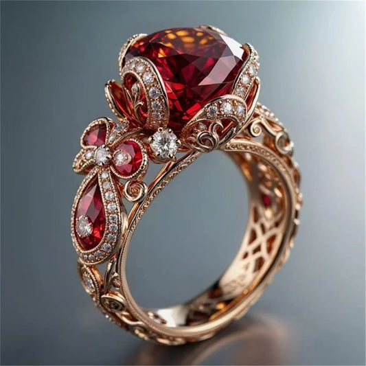Small Exquisite Flower Charm Elegant Red Zircon Stone Ring