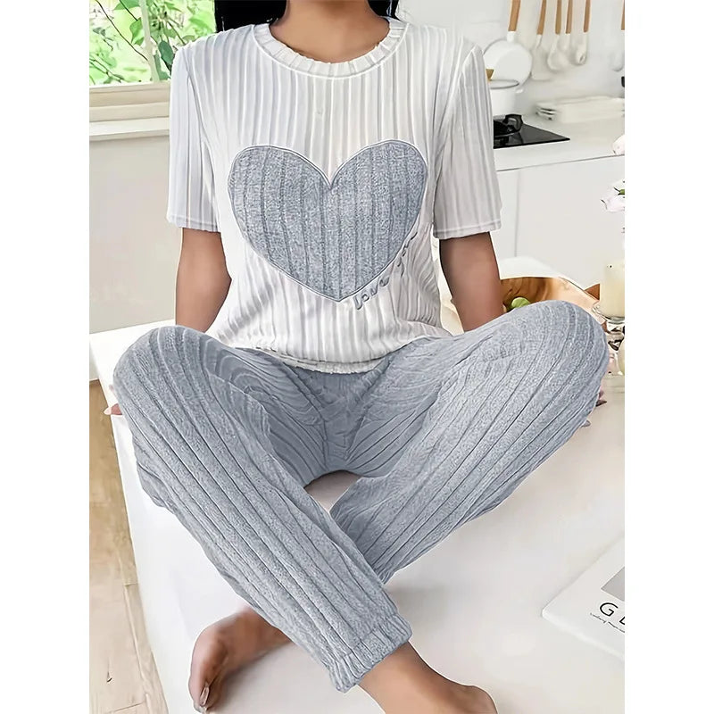 Heart Print Round Neck Short Sleeve Pyjama set
