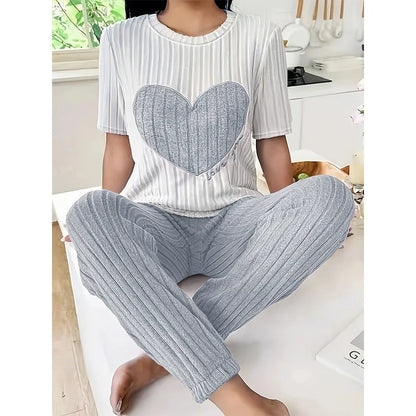 Heart Print Round Neck Short Sleeve Pyjama set