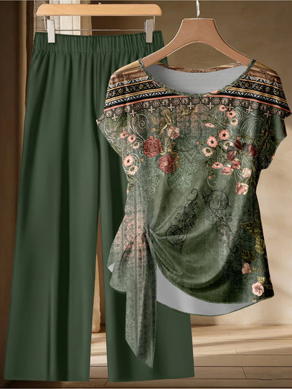 Casual Plus Size Dark Green Ethnic Style Floral Print Wide Leg Pants