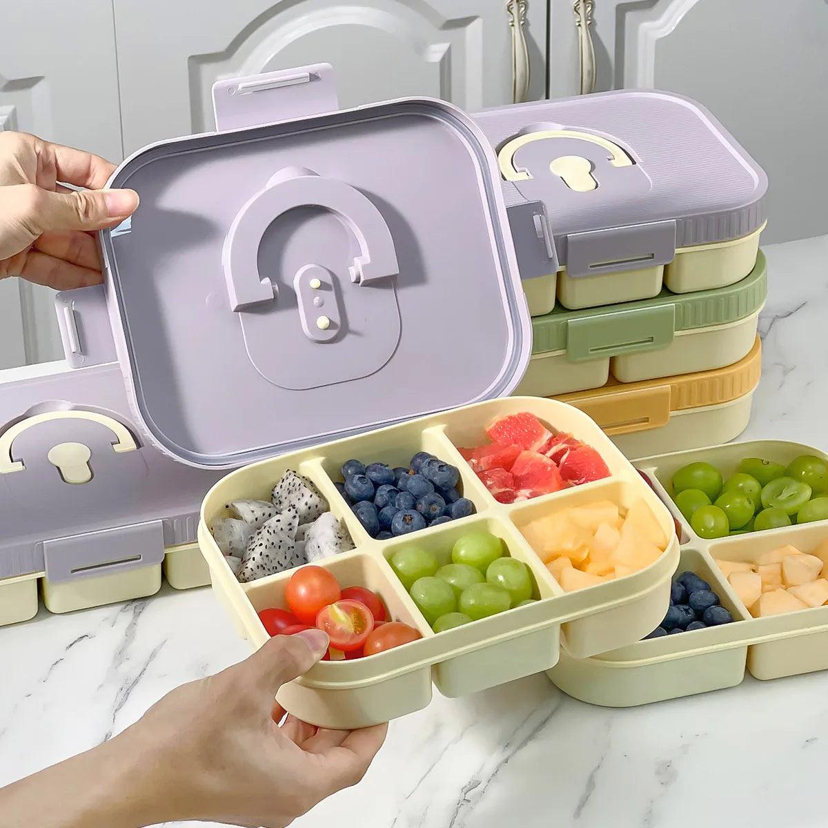 Microwave Plastic Divided Lunch Box With Handle Camping