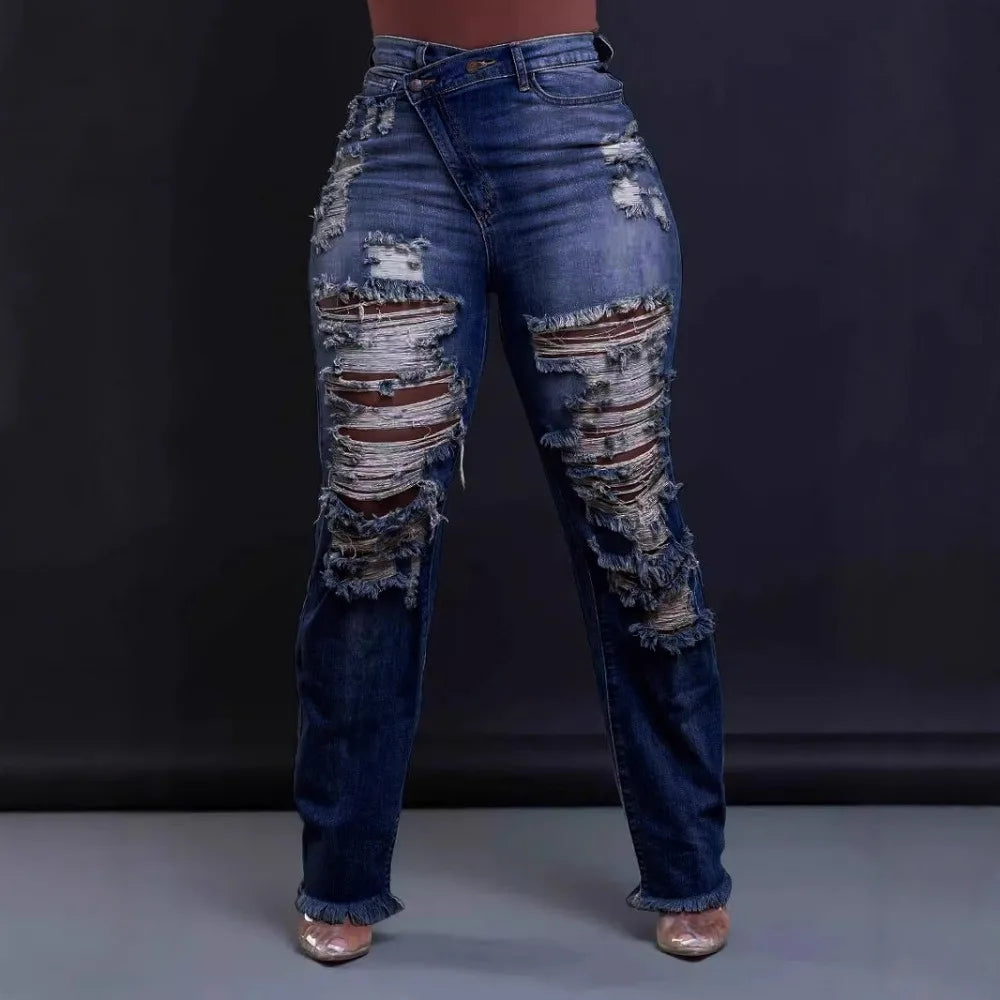 Pencil Denim Hole Ripped Pockets High Waist Jean Skinny