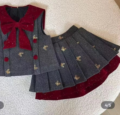 Spring and Autumn Vest Small Fragrance Style Pleated Skirt Set