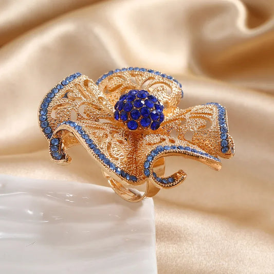 Luxury Big Flower Zircon Classic Hollow Gold Adjustable Ring