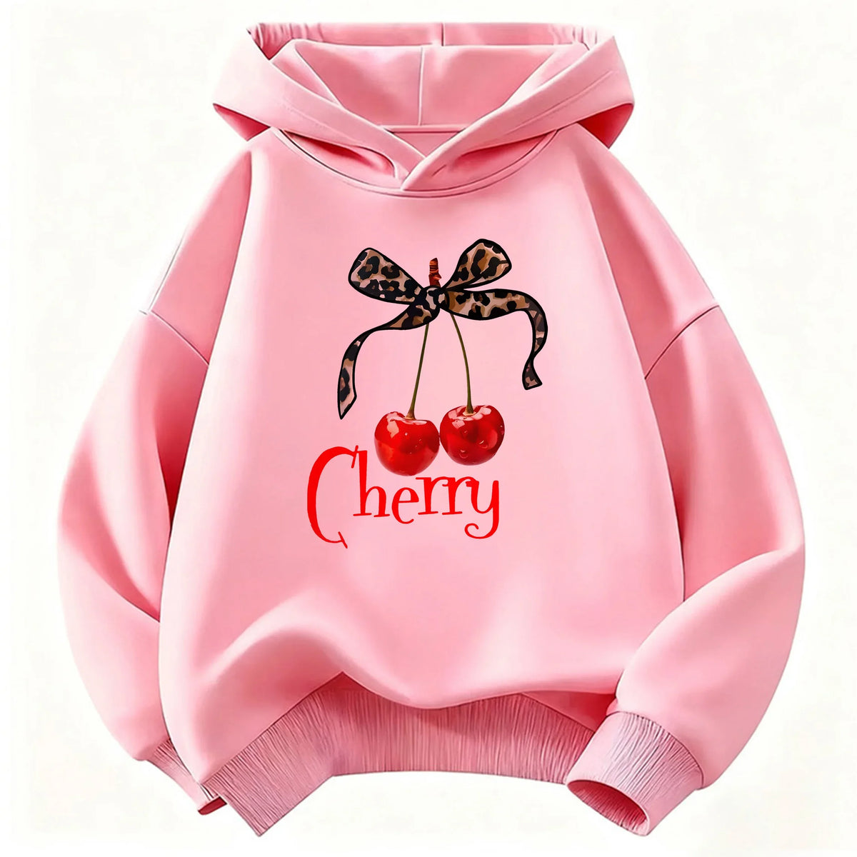 Leopard Bow with Cherry Print Hoodie Sweatshirt Y2k Hoody