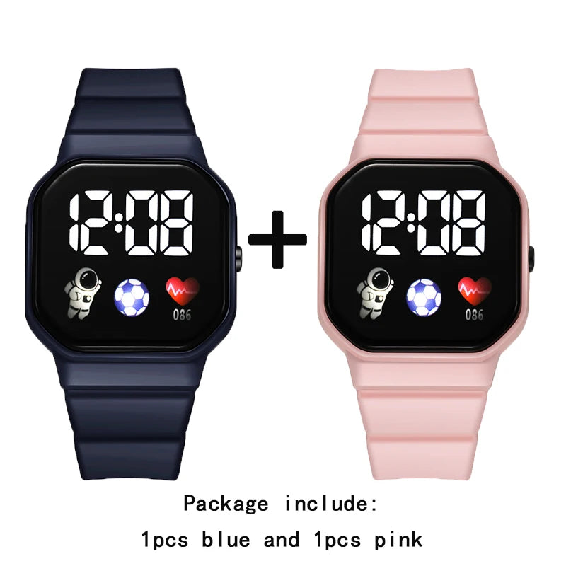 2Pcs/set Kids Sports LED Digital Spaceman Silicone Strap Electronic Wristwatch