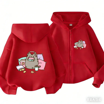 Cozy Pusheen Cat With Headphones Snacks Hoodie Long Sleeve Lovely Cartoon