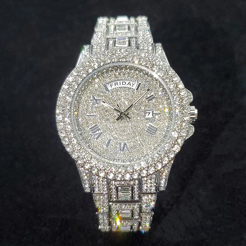 Luxury Diamond Bling Iced Hip Hop Golden Stainless Steel Quartz Watch